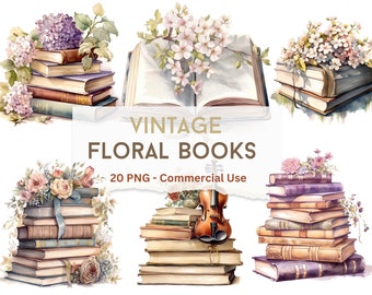 20 Vintage Floral book Illustrations, Flowers Book Stack, Botanical Books Clipart, Watercolor PNG Commercial Use for DIY Crafts Projects