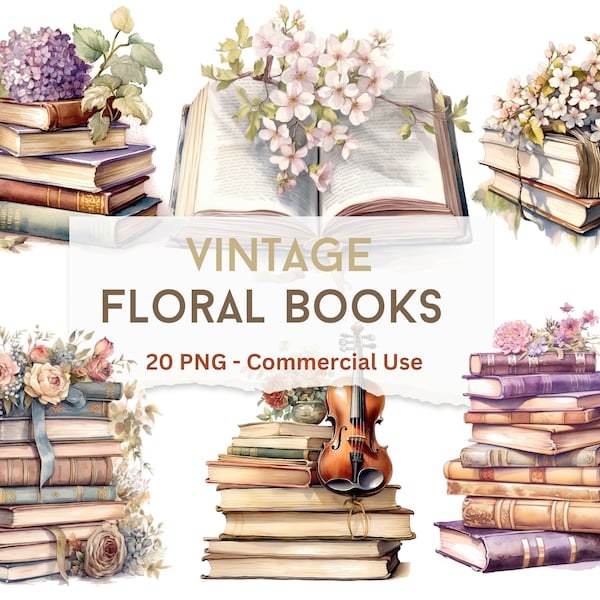 20 Vintage Floral book Illustrations, Flowers Book Stack, Botanical Books Clipart, Watercolor PNG Commercial Use for DIY Crafts Projects