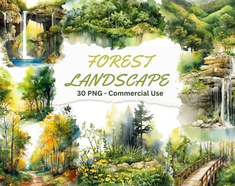 Watercolor Forest Landscape Clipart: PNG Green Tree Illustrations (Digital Download)