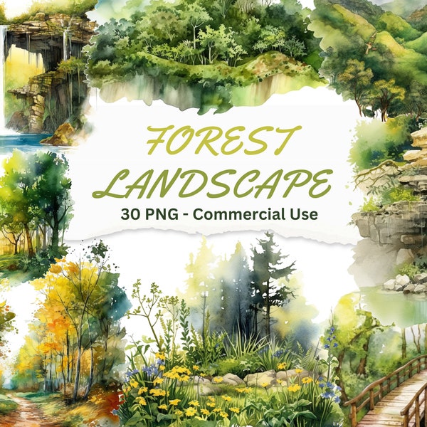 30 Forest Landscape, Isolated Green trees, A cluster of trees, Jungle pathways, Watercolor PNG Clipart Instant Download with Commercial use