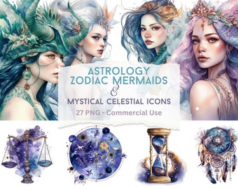 Watercolor Astrology Mermaid Clipart: Mystical Celestial PNG (Digital Download)