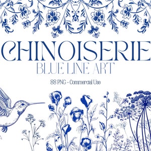 Charming Chinoiserie Clipart -  Watercolor Blue Line art - Chinoiserie Seamless Background, Frames - Watercolor Chinoiserie Designs Set