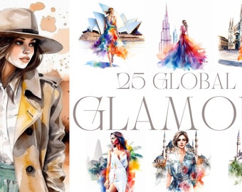 Global Glamour Clipart: Fashionista World Tour, Watercolor PNG (Digital Download)