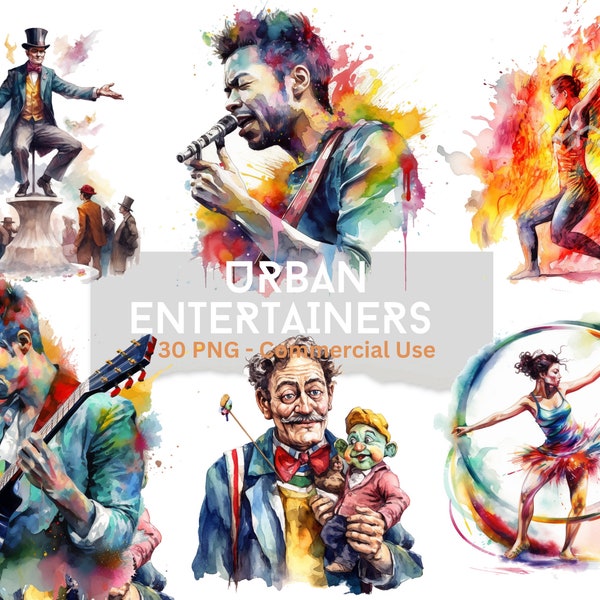 30 Street Performers & Music Entertainers with dancers and Magicians, Watercolor PNG Clipart, PNG Format Instant Download for Commercial Use