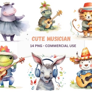 Musicista di simpatici animali: adorabile collezione di clipart per creazioni e decorazioni per feste di compleanno, set di 14