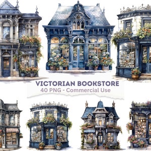 Könnte beinhalten: Eine digitale Illustration von zehn viktorianischen Buchhandlungen mit blauen und weißen Fassaden, verzierten Details und Schaufenstern voller Bücher. Das Bild ist vor einem weißen Hintergrund platziert.