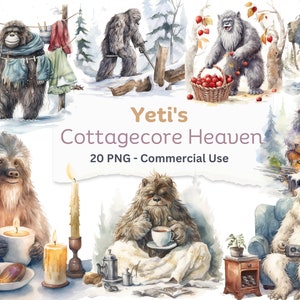 Aquarell Yeti Cottagecore PNG Clipart Set von 20, Bigfoot Sublimation Drucke, DIY Handwerk Illustration, kommerzielle Nutzung