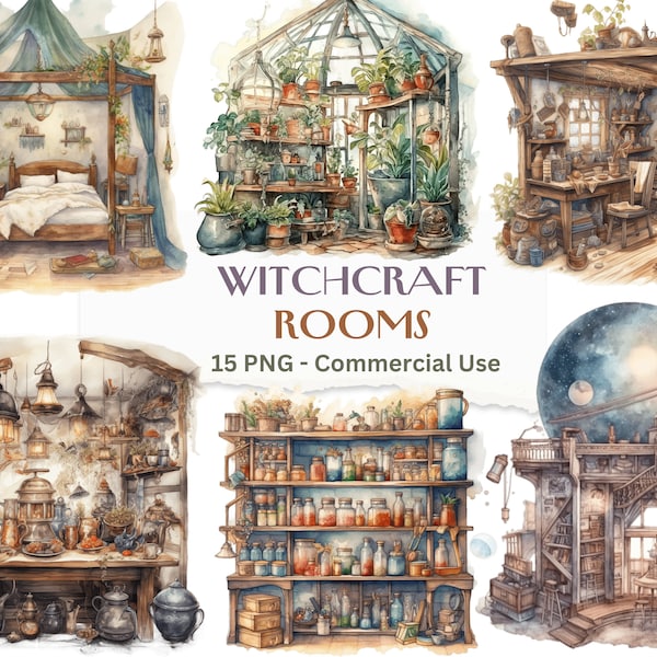 15 Cozy Witchcraft Rooms interiors - Witchy Bedrooms, Kitchen and Witch Spell rooms,  PNG Format Instant Download for Commercial Use