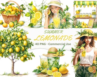 Summer Lemonade Watercolor Clipart Set: 40 PNG Illustrations (Commercial Use)