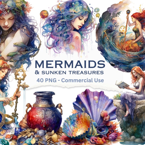 40 Mermaids and Sunken Treasure Clipart Collection - Enchanting Elements PNG,  Instant Download for Commercial use, Craft & DIY Projects