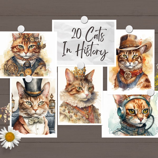 Whiskers Through Time- Cats in History Clipart Collection, Cats portrait Watercolor PNG Cliparts for DIY Creative Projects