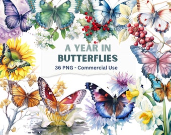 Birth Month Butterfly Clipart: 36 PNG Graphics (Digital Download)