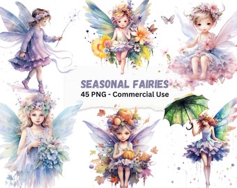 Seasonal Fairies Clipart: Spring, Summer, Autumn, Winter (45 PNG) (Digital Download)