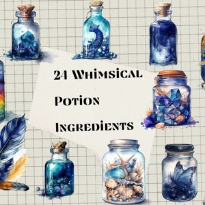 Puede incluir: 24 Ingredientes de poci&oacute;n caprichosos. Ilustraciones de acuarela de varios ingredientes de poci&oacute;n en frascos y botellas de vidrio. Algunos ingredientes incluyen cristales, conchas marinas, plumas y un &aacute;rbol.