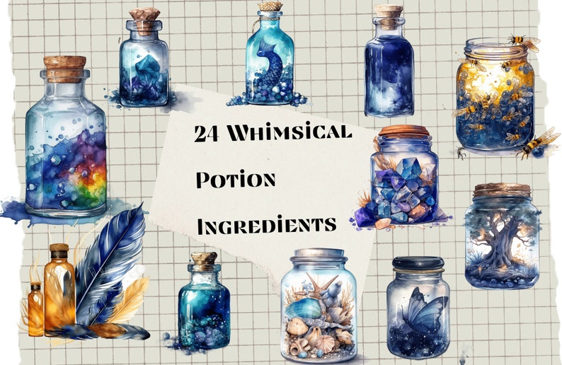 Puede incluir: 24 Ingredientes de poci&oacute;n caprichosos. Ilustraciones de acuarela de varios ingredientes de poci&oacute;n en frascos y botellas de vidrio. Algunos ingredientes incluyen cristales, conchas marinas, plumas y un &aacute;rbol.