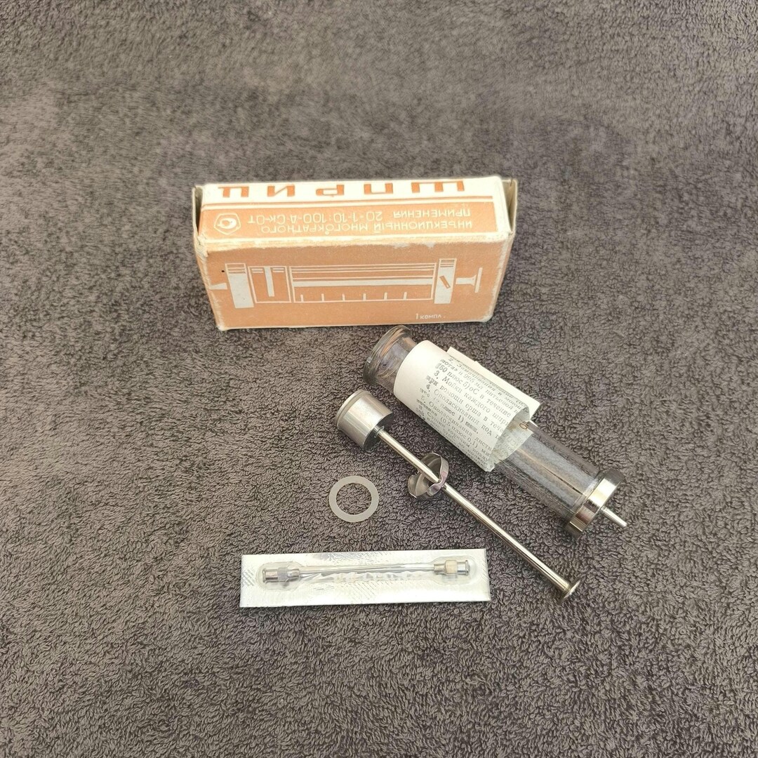 Medical 1990s Hypodermic Injection Syringe, Stainless Steel With Glass ...