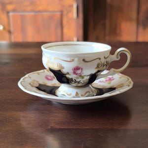 Weimar Porcelain Mocha Collector&#39;s Cup & Saucer – Hand Painted, Cobalt Blue, Gold Trim, 1970s
