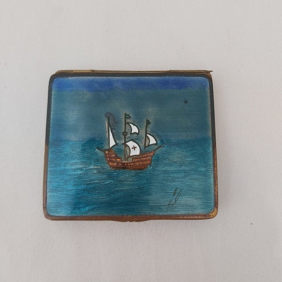 Rare Compact / Enameled Panel / Art American / In 1492 Columbus sailed Ocean Blue / Brass / Gold Plated