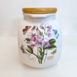 Sweet Pea Keksdose oder Kanister mit Holzdeckel, Portmeirion Botanischer Garten Lathyrus Odoratus Sweet Pea Schmetterlinge Wissenschaftliche Illustration