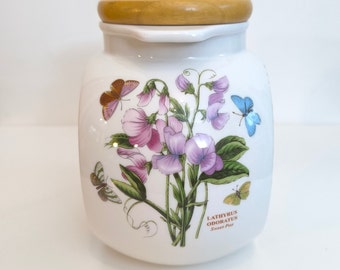 Sweet Pea Cookie Jar or Canister with Wooden Lid, Portmeirion Botanic Garden Lathyrus Odoratus Sweet Pea Butterflies Scientific Illustration