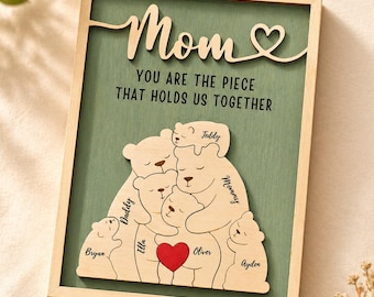 Personalized Wooden Bear Family Puzzle, Engraved Family Name, Home Decor