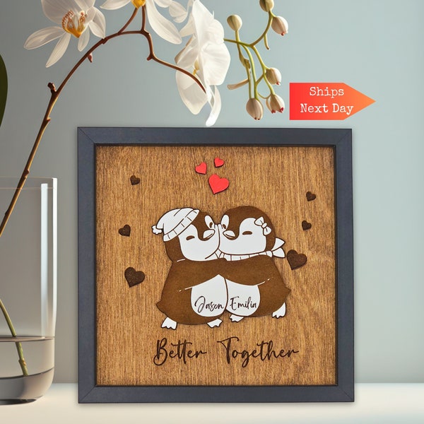 Cadeau pour la Saint-Valentin, cadeaux personnalisés - Cadeau pour couple en bois 3D amour pingouin. Cadeau pour elle/lui Anniversaire Cadeau d'anniversaire Couple prénoms