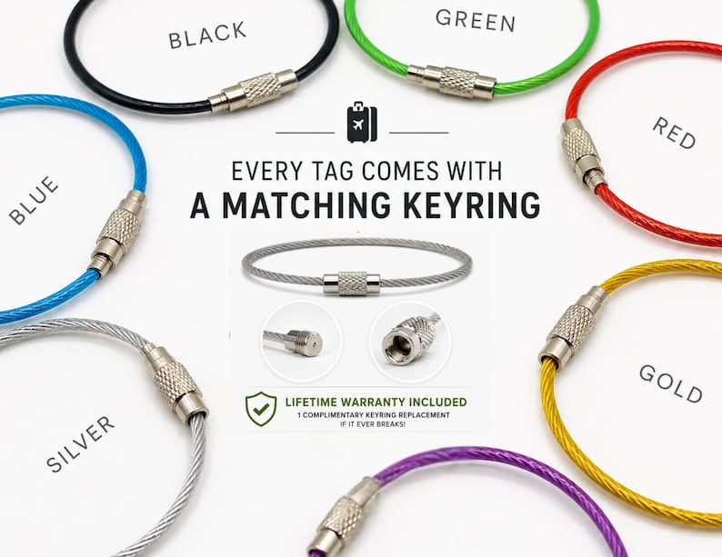 May include: A selection of colourful keyrings in black, blue, green, red, gold, silver, and purple. Each keyring has a metal clasp. The text reads "EVERY TAG COMES WITH A MATCHING KEYRING" and "LIFETIME WARRANTY INCLUDED".