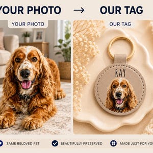 May include: A tan leather keychain with a gold ring features a color portrait of a dog with the name "RAY" printed above the image. The dog is a Cocker Spaniel with brown and white fur. The text "YOUR PHOTO" and "OUR TAG" are at the top.