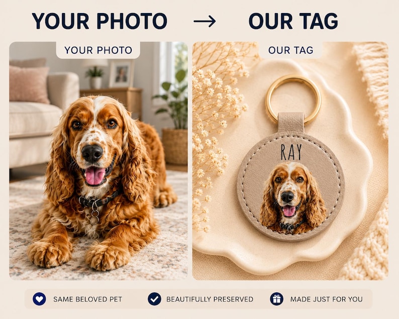 May include: A tan leather keychain with a gold ring features a color portrait of a dog with the name "RAY" printed above the image. The dog is a Cocker Spaniel with brown and white fur. The text "YOUR PHOTO" and "OUR TAG" are at the top.