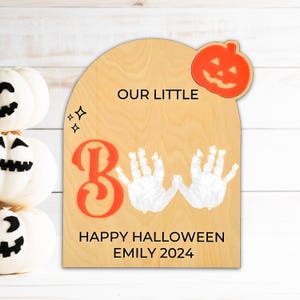 Baby&#39;s First Halloween Footprint Handprint Art Sign for Trick or Treat | Our Little Boo Keepsake | DIY Halloween Kid Craft | Birth Stats