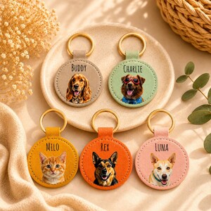 May include: Five personalized pet keychains with gold-colored rings. Each keychain features a different pet portrait and name: Buddy, Charlie, Milo, Rex, and Luna. The keychains are in various colors, including tan, green, yellow, orange, and pink.