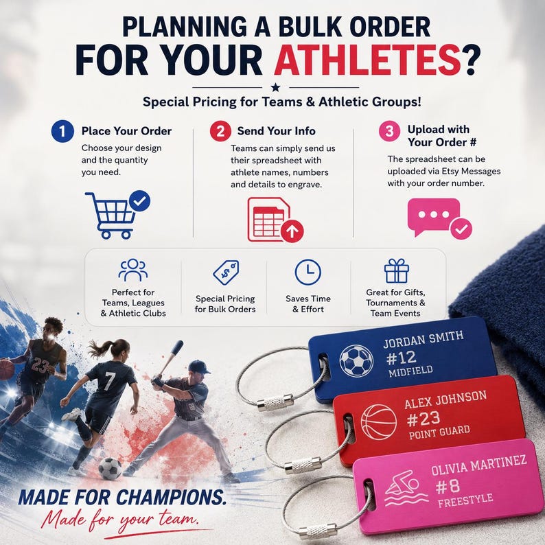 May include: Promotional image for athletic team gifts. Features keychains with engraved names and numbers, along with a graphic showing the bulk order process. Text includes "Planning a Bulk Order for Your Athletes?" and "Made for Champions."