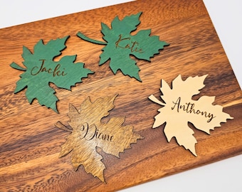 Thanksgiving decor name tags, maple leaves wood home decor, rustic wedding gifts, fall party favors, Friendsgiving place card, pumpkin decor