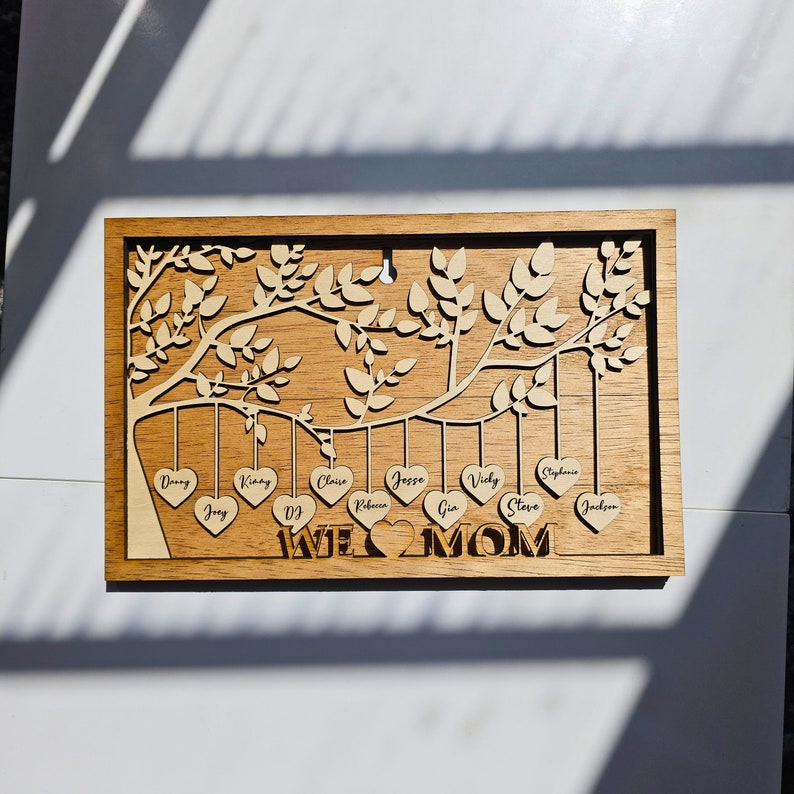 Personalized Wooden Family Tree Sign | Grandkids Names Hanging Hearts ...
