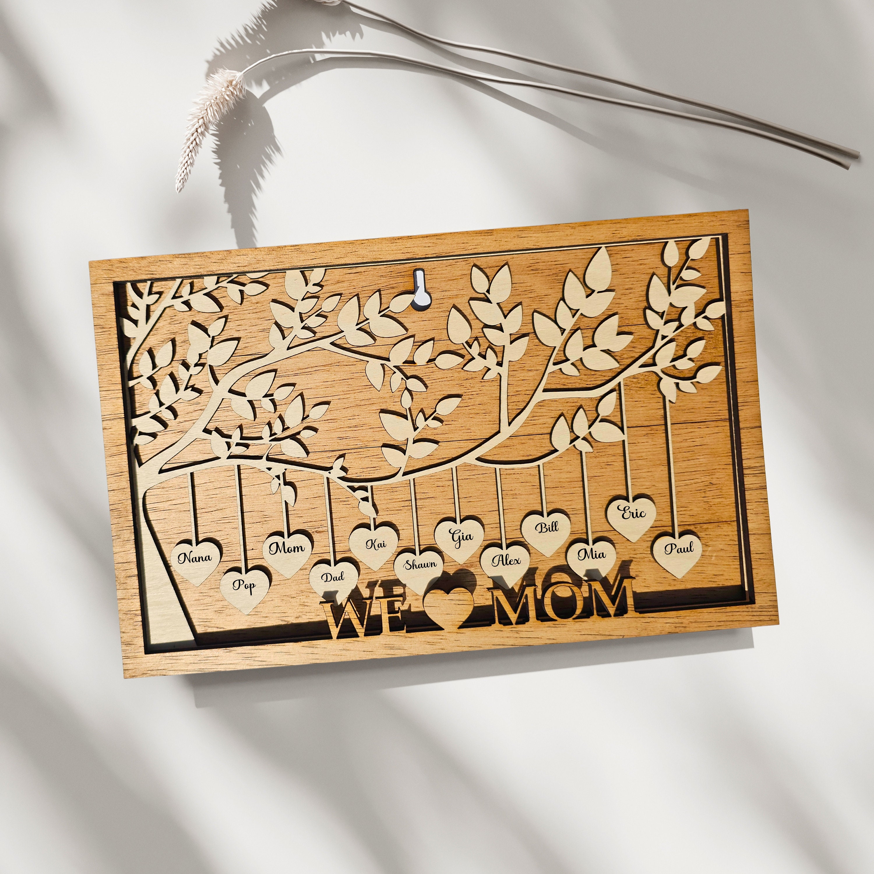 Personalized Wooden Family Tree Sign | Grandkids Names Hanging Hearts ...