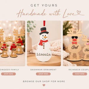 May include: A collection of wooden holiday decorations including a reindeer family with red scarves and names, a snowman ornament with a red scarf and the name Lincoln, and a reindeer couple featuring sunglasses and a bow, all on display.