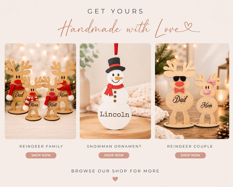 May include: A collection of wooden holiday decorations including a reindeer family with red scarves and names, a snowman ornament with a red scarf and the name Lincoln, and a reindeer couple featuring sunglasses and a bow, all on display.