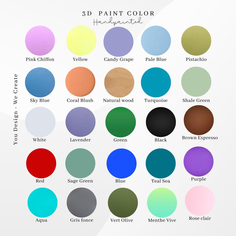 Op de afbeelding: Een kleurenkaart met 25 verfkleuren in cirkelvormige stalen. Kleuren zijn Pink Chiffon, Yellow, Candy Grape, Pale Blue, Pistachio, Sky Blue, Coral Blush, Natural Wood, Turquoise en Shale Green. De tekst "3D PAINT COLOR Handpainted" staat bovenaan.