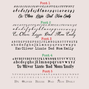 May include: A digital chart displaying five distinct font styles labeled Font 1 through Font 5. Each section includes the full uppercase and lowercase alphabet, followed by examples of the names Oliver, Lizzie, Dad, Mom, and Emily in that specific typeface.