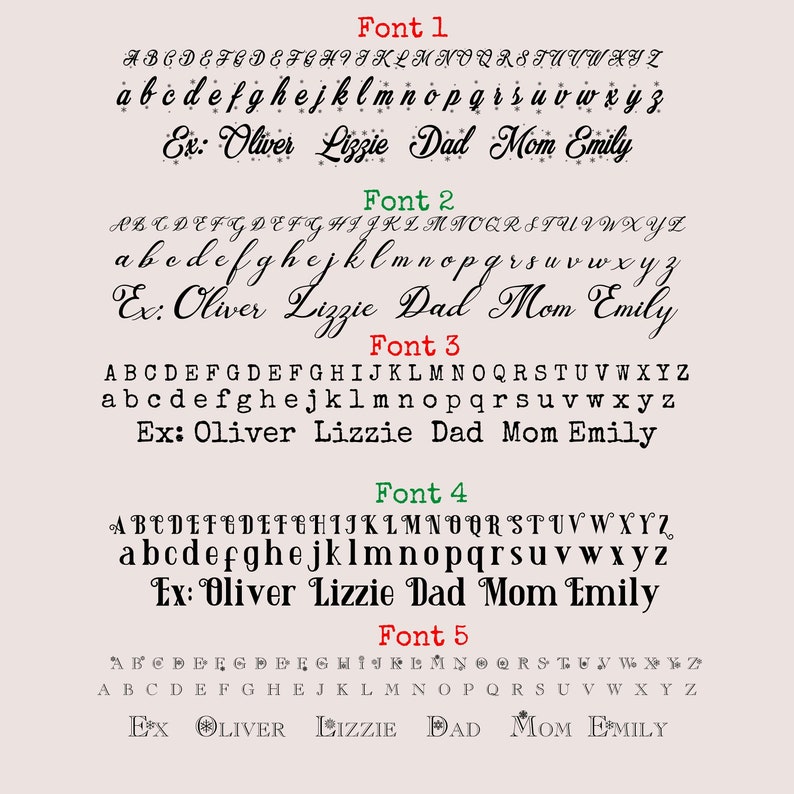 May include: A digital chart displaying five distinct font styles labeled Font 1 through Font 5. Each section includes the full uppercase and lowercase alphabet, followed by examples of the names Oliver, Lizzie, Dad, Mom, and Emily in that specific typeface.