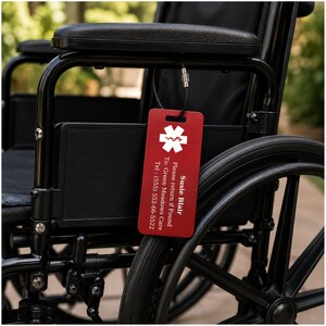 May include: A red medical tag with white text and a medical symbol hangs from a black wheelchair. The tag reads "Susie Blair" and provides contact information. The wheelchair has black wheels and a black seat.