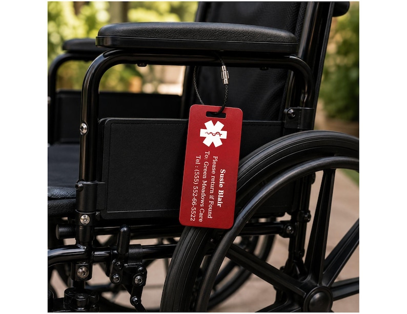 May include: A red medical tag with white text and a medical symbol hangs from a black wheelchair. The tag reads "Susie Blair" and provides contact information. The wheelchair has black wheels and a black seat.