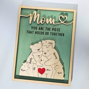Personalized Wooden Bear Family Puzzle 3D Engraved with Family Name, Home Decor Gift for Parents, Gift for Mom, Anniversary Gifts for Wife