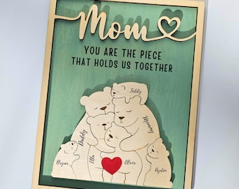 Personalized Wooden Bear Family Puzzle 3D Engraved with Family Name, Home Decor Gift for Parents, Gift for Mom, Anniversary Gifts for Wife