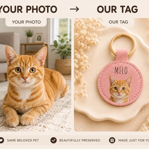 May include: A ginger tabby cat lies on a patterned rug next to a pink leather pet tag. The tag features a photo of a similar cat and the name "MILO" in white letters, attached to a gold-colored keyring.