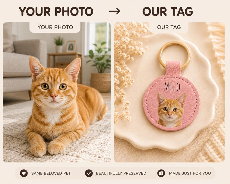 May include: A ginger tabby cat lies on a patterned rug next to a pink leather pet tag. The tag features a photo of a similar cat and the name "MILO" in white letters, attached to a gold-colored keyring.
