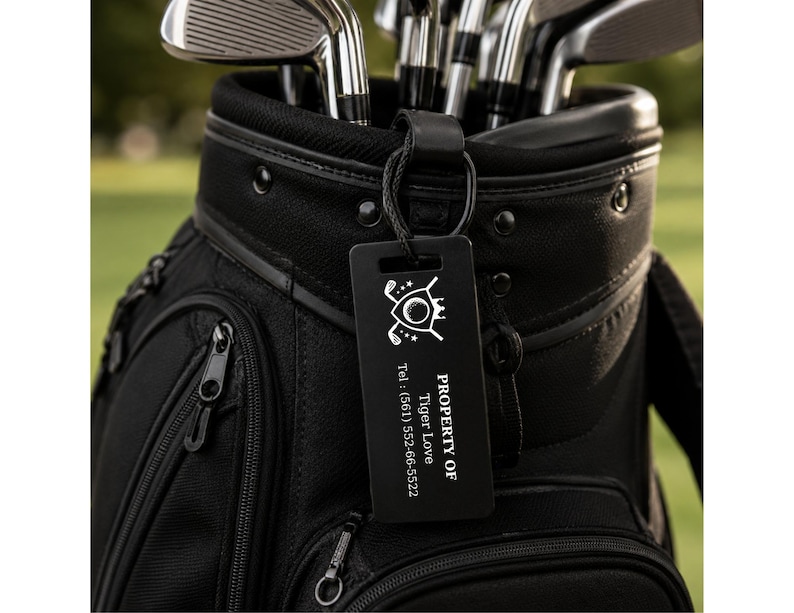May include: Black golf bag with golf clubs inside. A black tag with white text and a golf-themed logo is attached to the bag. The tag says "PROPERTY OF Tiger Love" and a phone number.