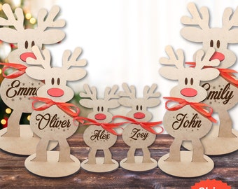 Décoration de renne de Noël en famille, renne autoportant personnalisé, réglage des noms de lieux, ornement, noms de lieux de table, mariage d’hiver
