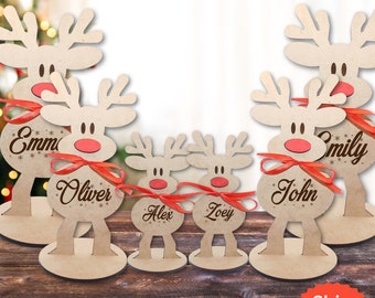 Familie Weihnachten Rentier Dekoration, Personalisierte freistehende Rentiere, Ortsnamen Einstellung, Ornament, Tisch Ortsnamen, Winterhochzeit