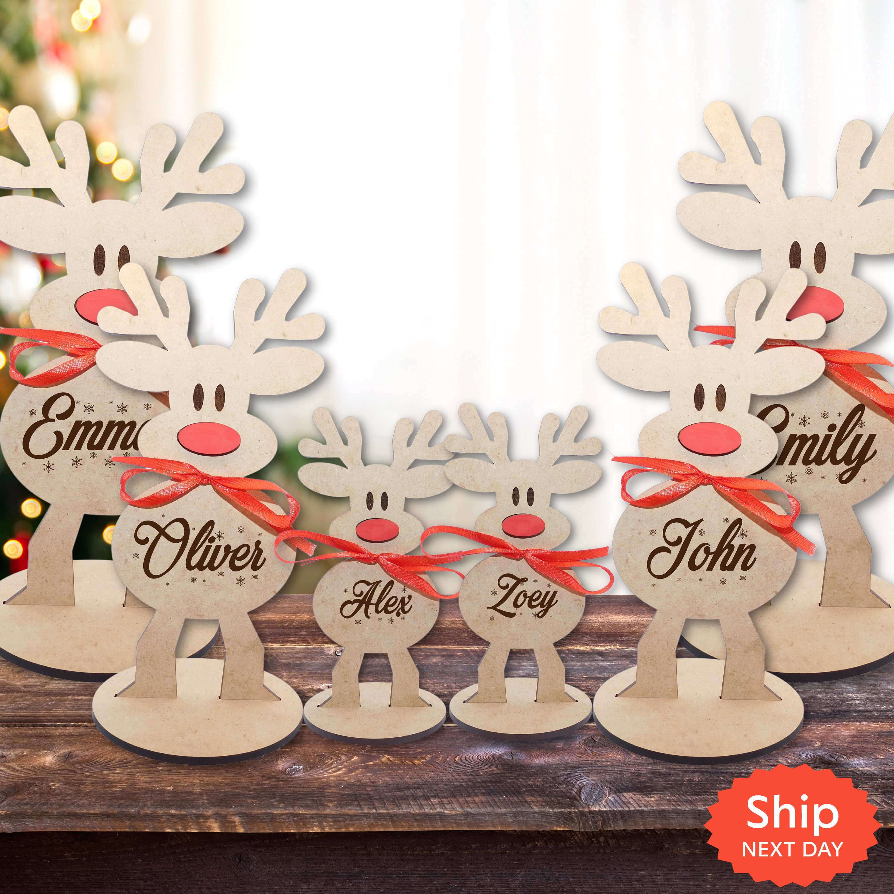 Family Christmas Reindeer Decoration, Personalised Freestanding Reindeer Place Names Setting Family Christmas Reindeer Decoration, Personalised Freestanding Reindeer Place Names Setting